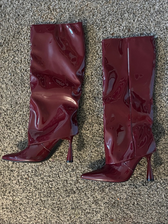 Shoes - Patent Burgundy High Heel Knee Boots - Women's Fashion Boots